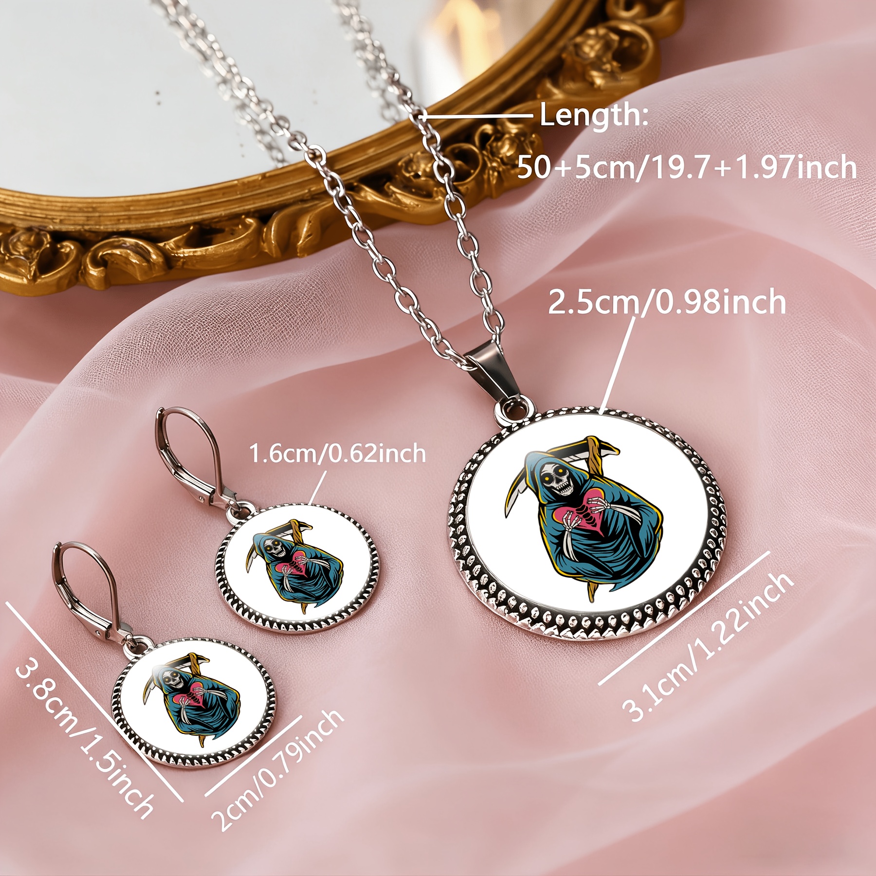 3pc Skull Head Heart Necklace & Earrings Set, Classic Style
